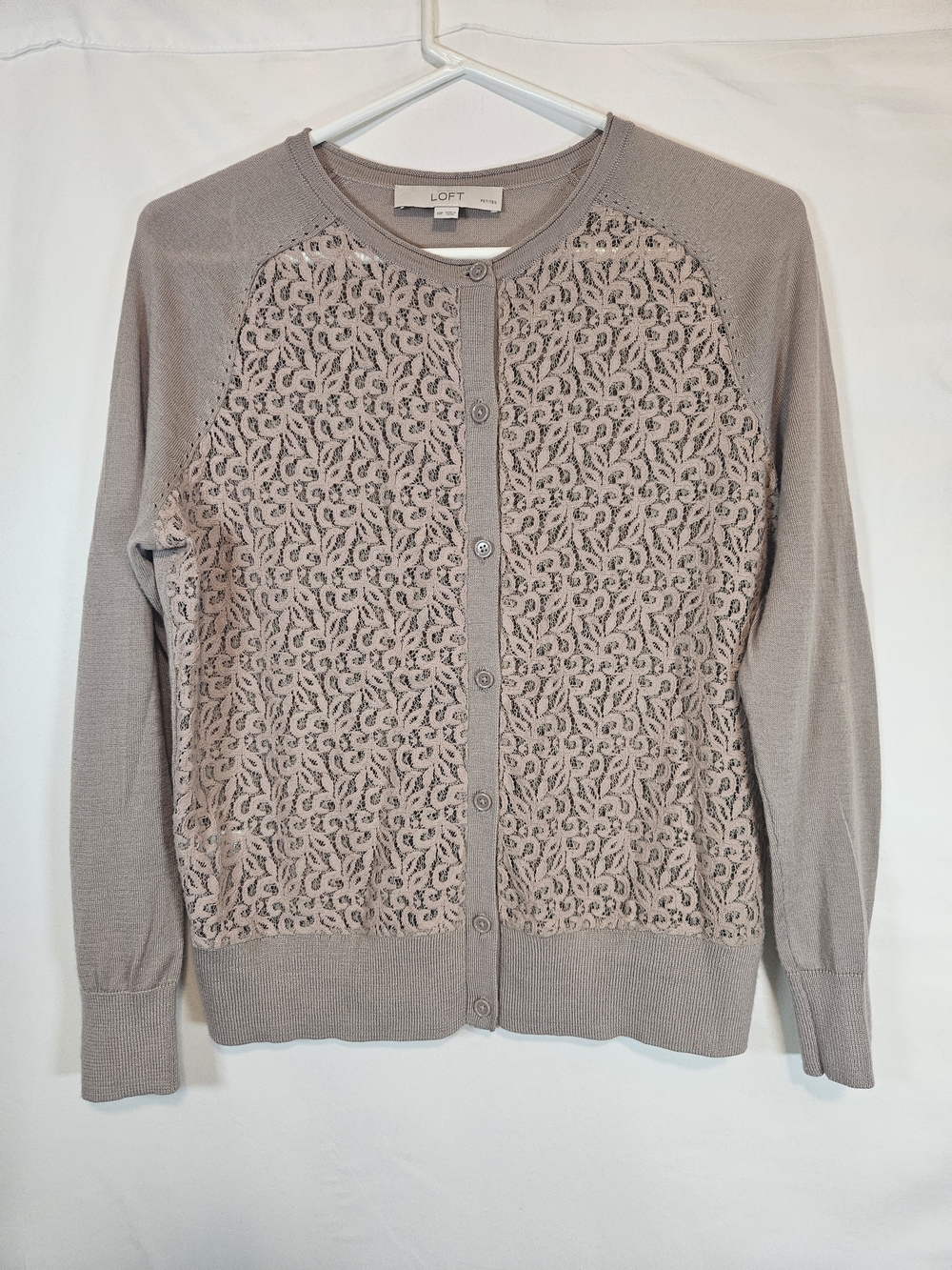 LOFT Women's Lace Front Button Cardigan - Dusty Taupe